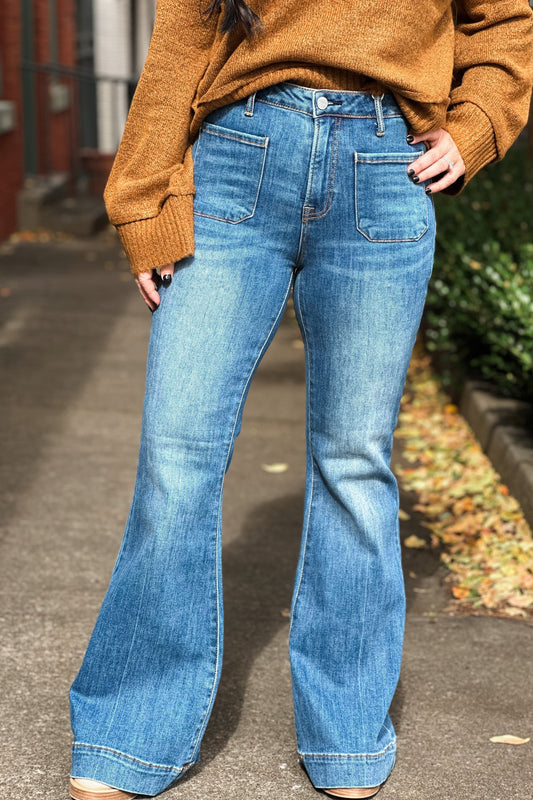 High Rise Patch Pocket Bell Bottom Jeans 0-3X
