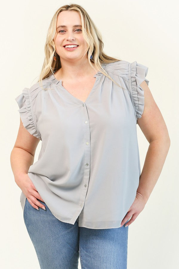 Shirred Chiffon Button Down Top XL-2XL
