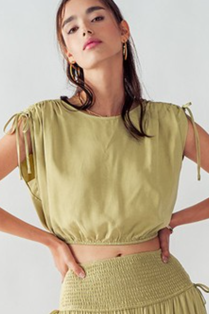 Spring Greens Linen Blend Ruched Shoulder Top
