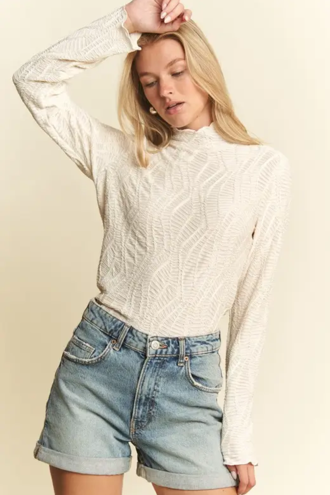 Woven Web Jacquard Mock Neck Top S-3X