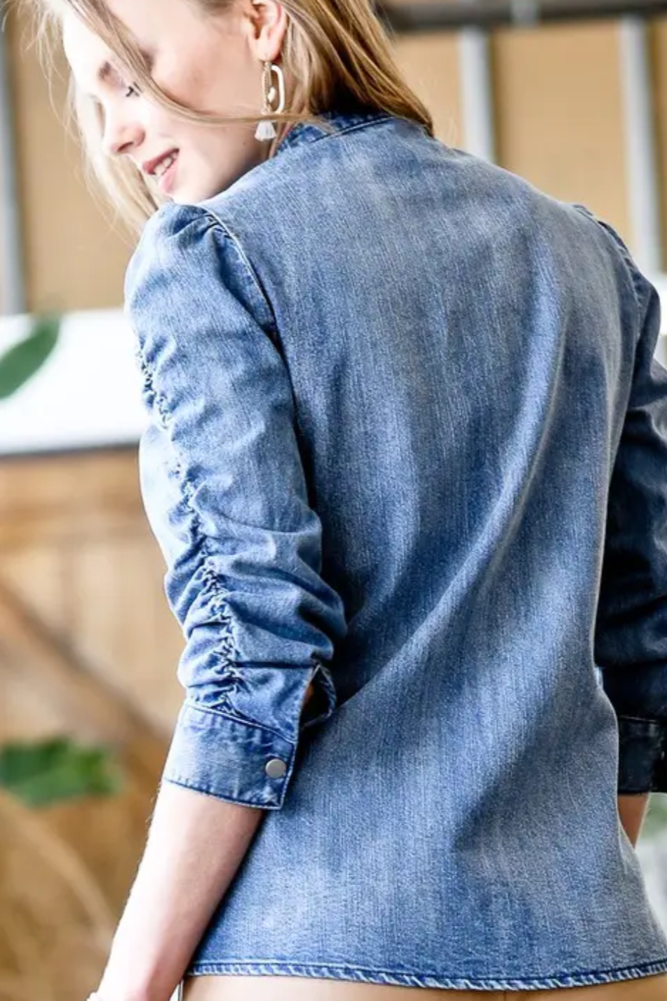Chic Classic Shirred Sleeve Denim Shirt