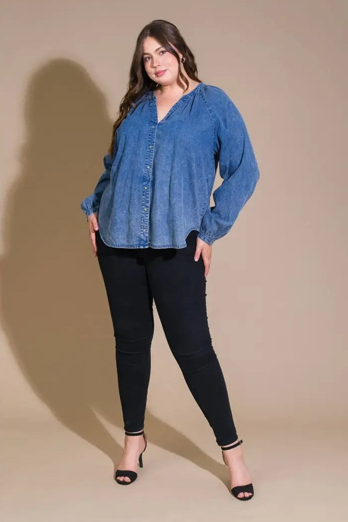 Beautifully Simple Washed Denim Top 1X-3X