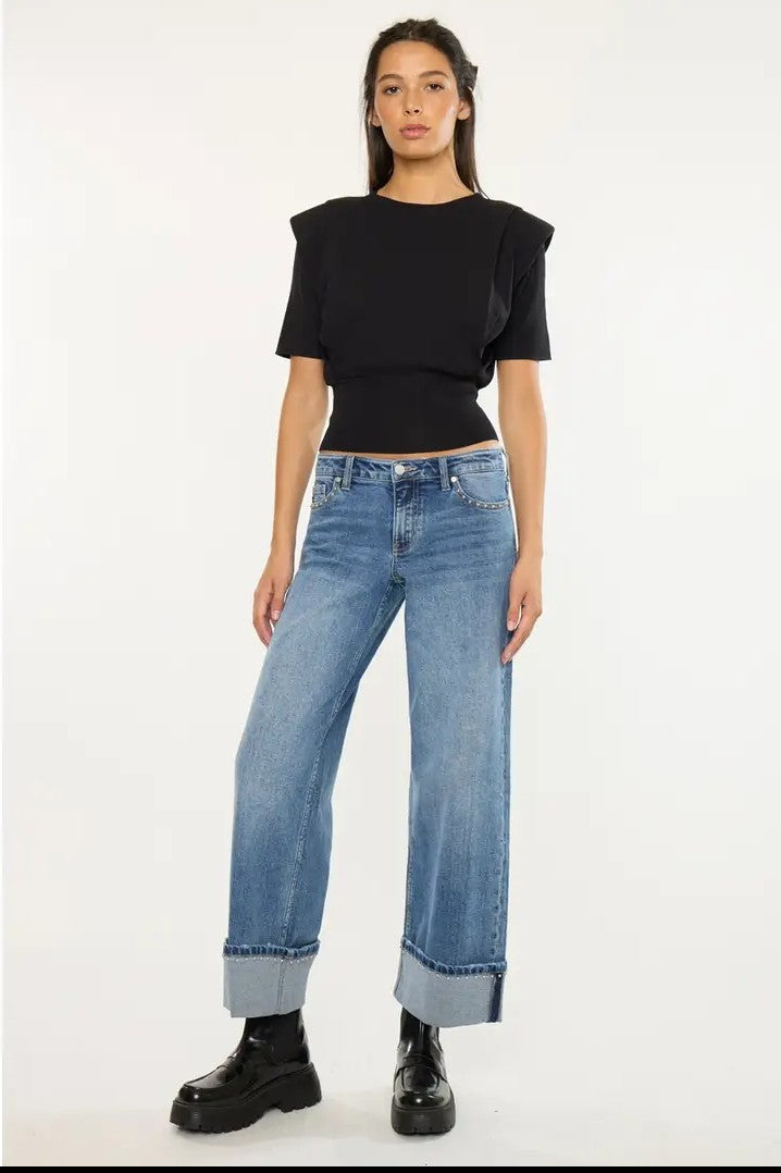 Studded Mid Rise Wide Leg Jeans