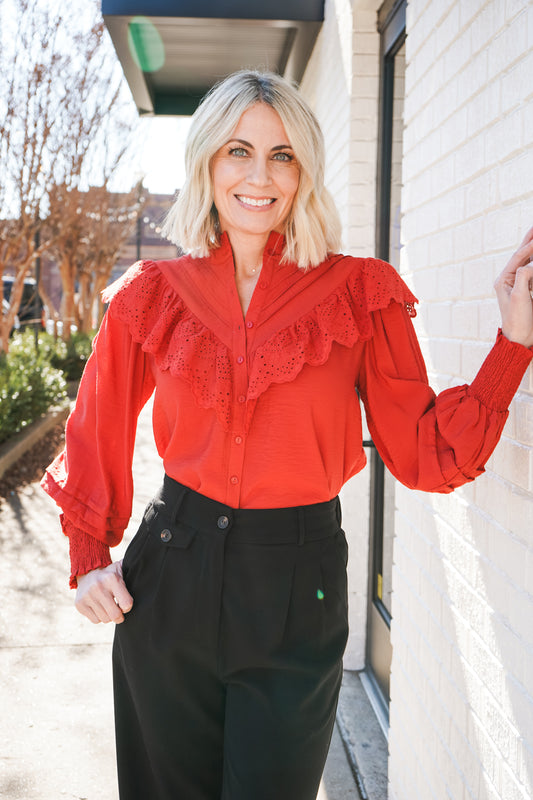 All Frills Eyelet Ruffle Button Down Top