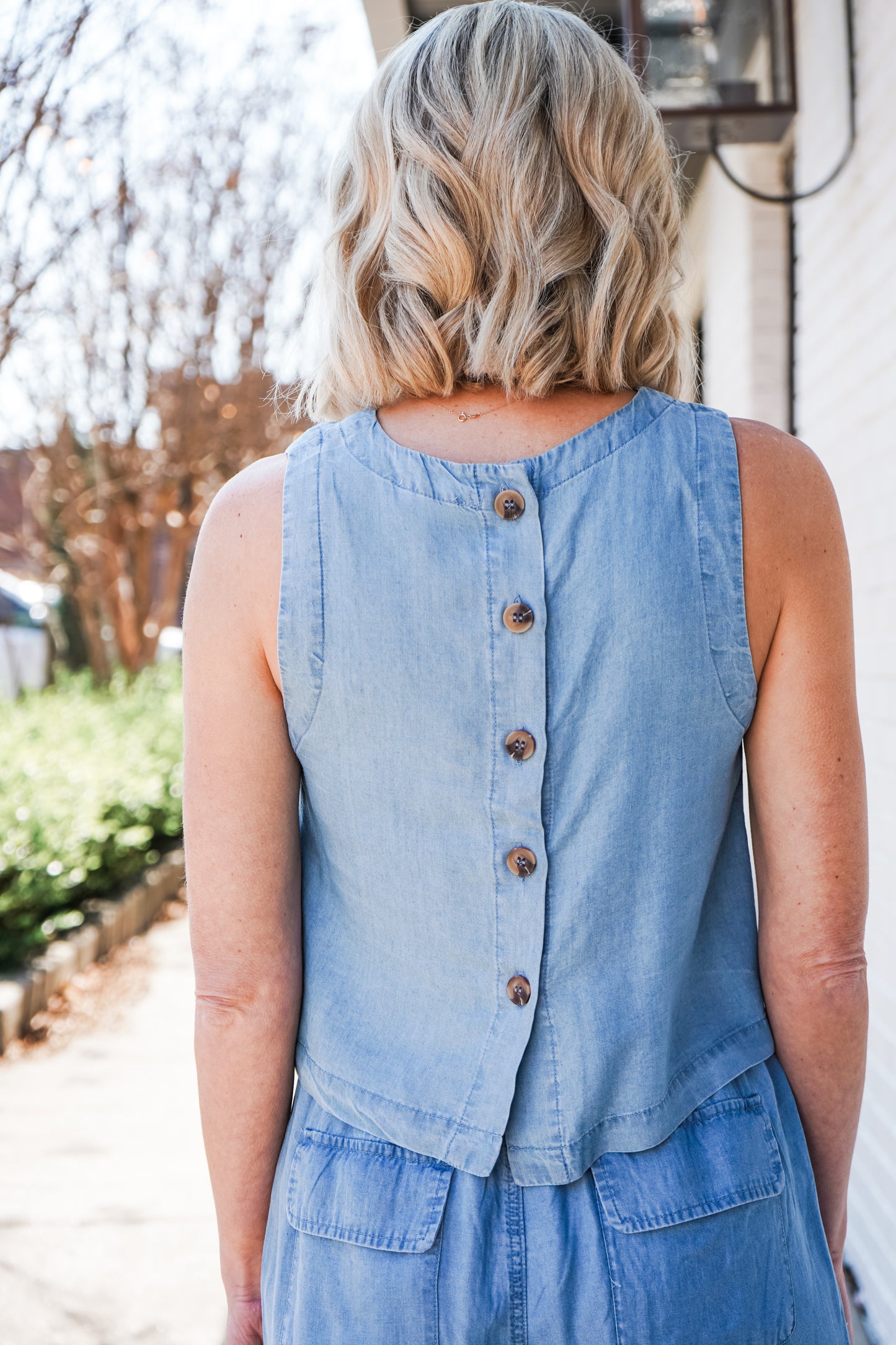 Chambray Chic Back Button Sleeveless Top