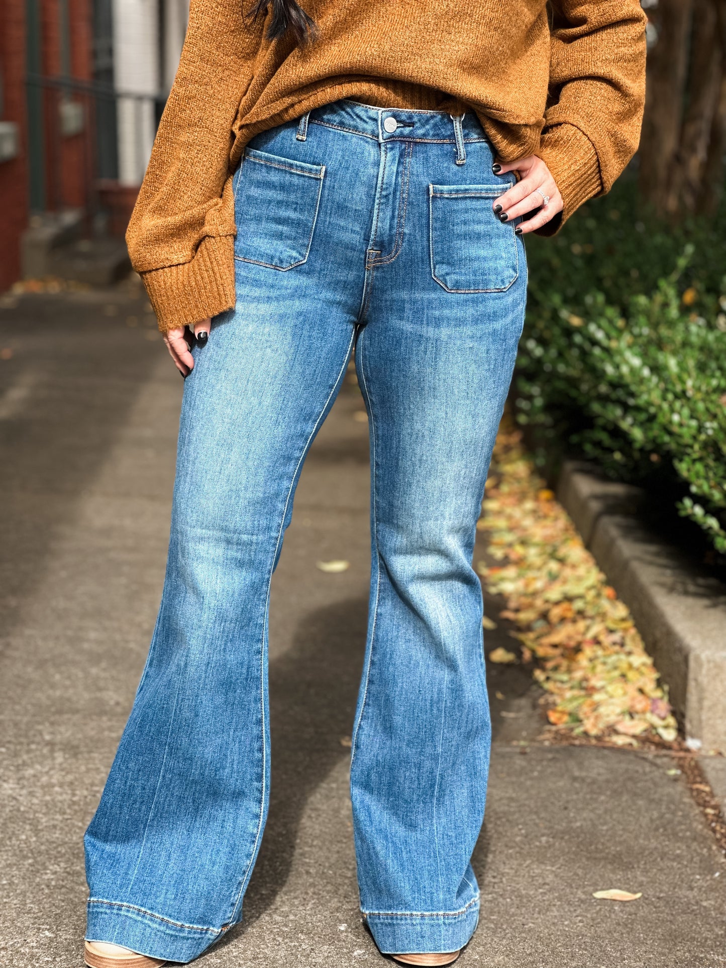 High Rise Patch Pocket Bell Bottom Jeans