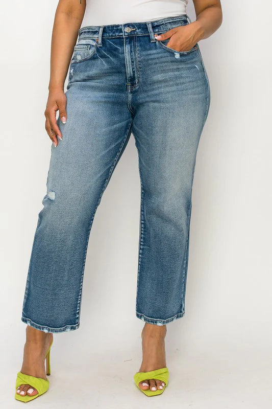 High Rise Distressed Ankle Straight Jeans Plus