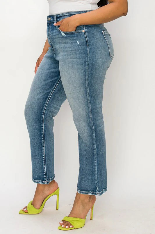 High Rise Distressed Ankle Straight Jeans Plus