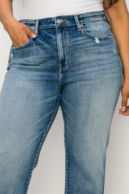 High Rise Distressed Ankle Straight Jeans Plus