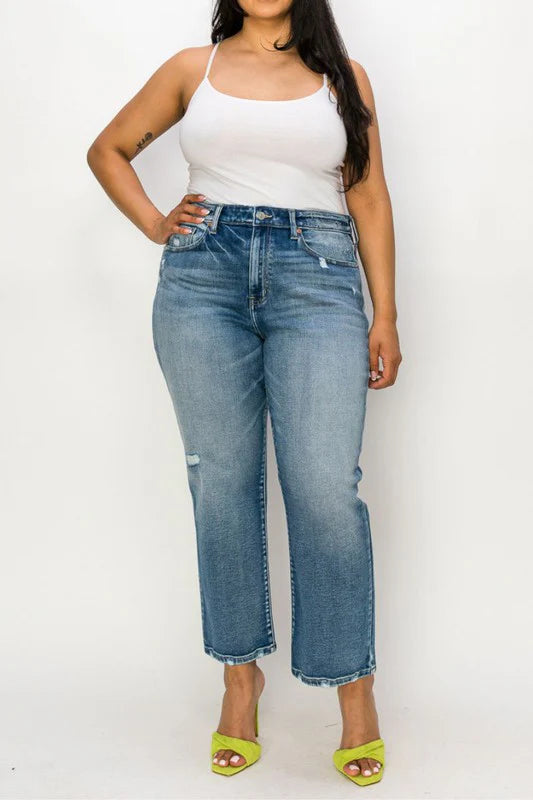 High Rise Distressed Ankle Straight Jeans Plus