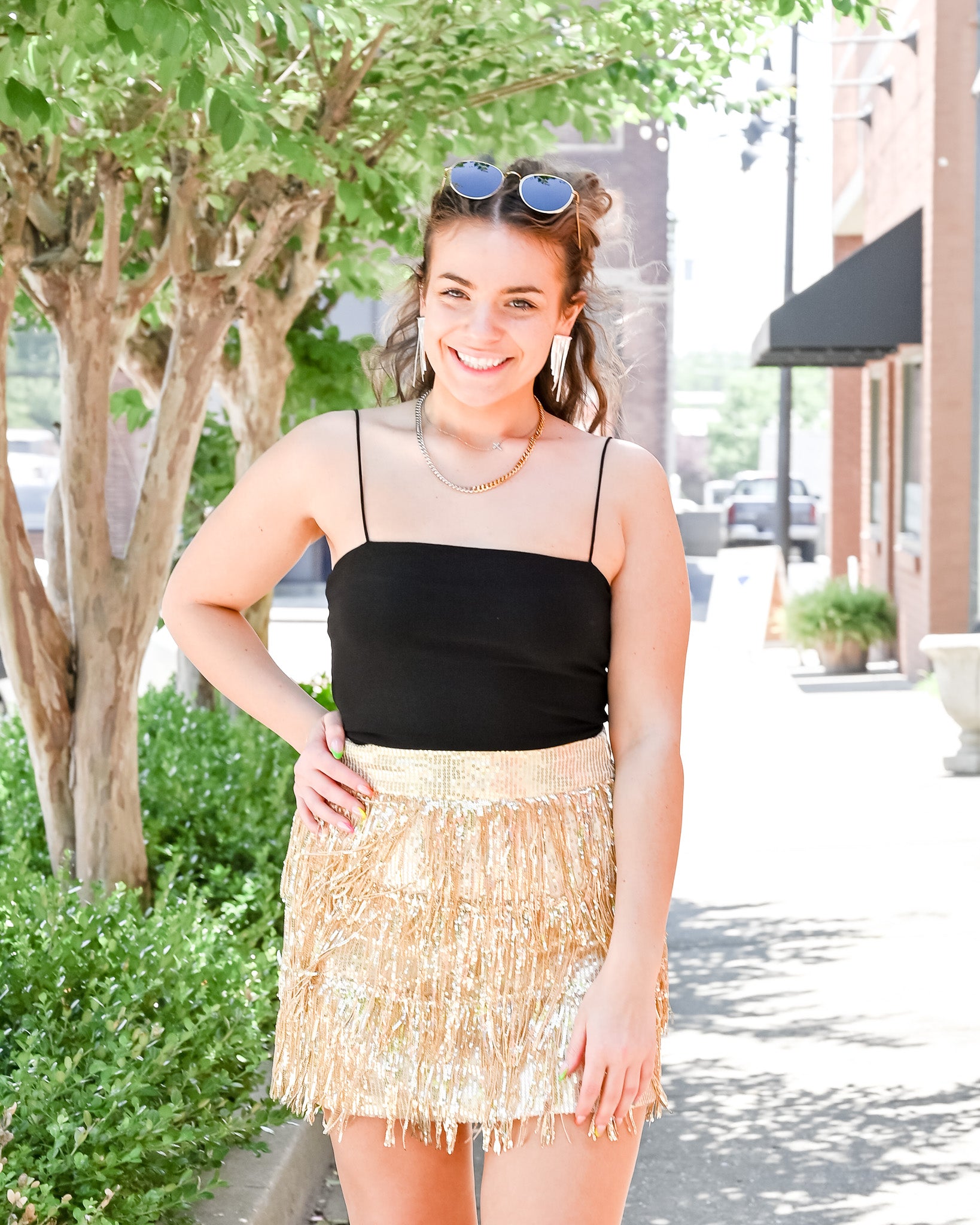 Gold sequin tiered outlet skirt