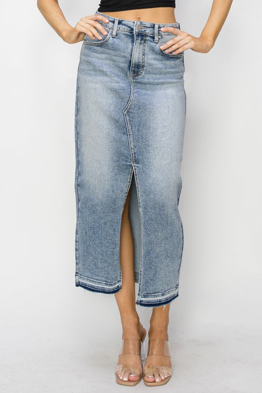 High Rise Denim Maxi Skirt