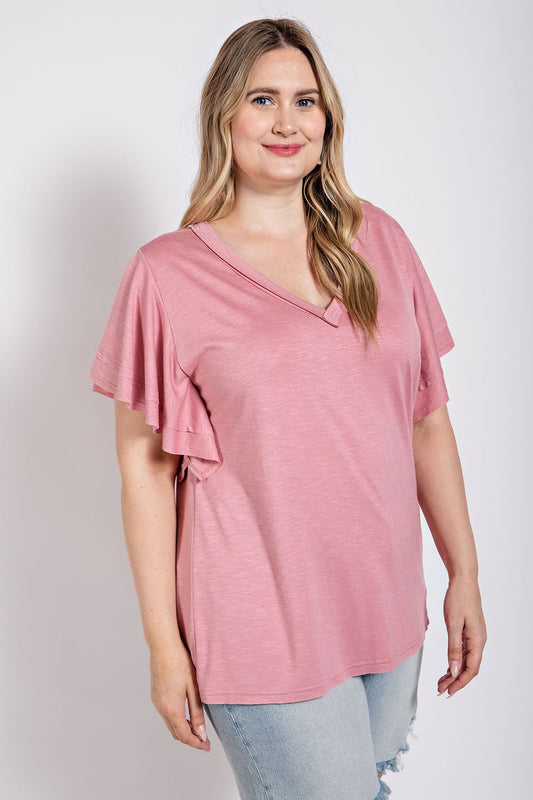 Flower Petal Flutter Sleeve T-Shirt XL-2XL