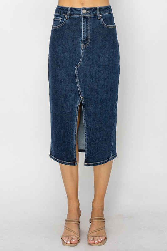 High Rise Denim Midi Skirt