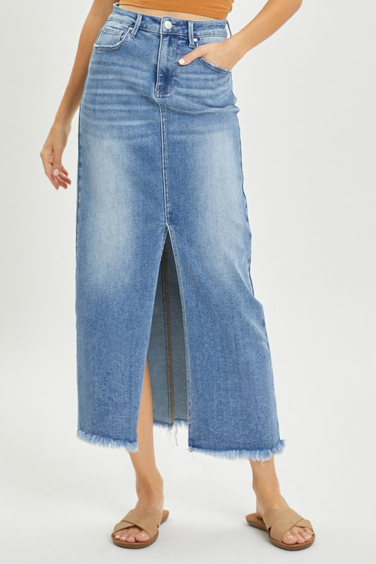 High Rise Long Denim Skirt 1X-3X