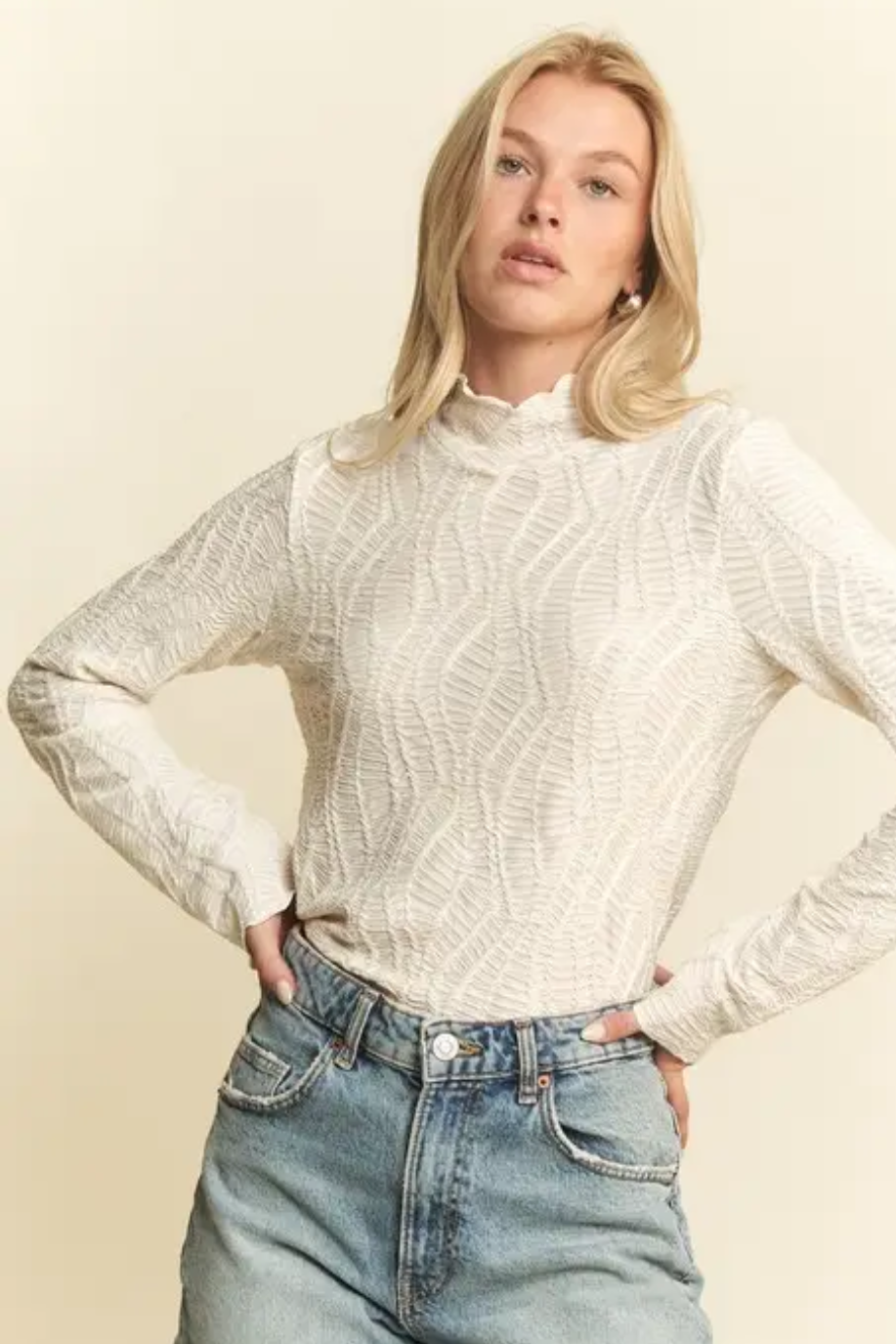 Woven Web Jacquard Mock Neck Top S-3X