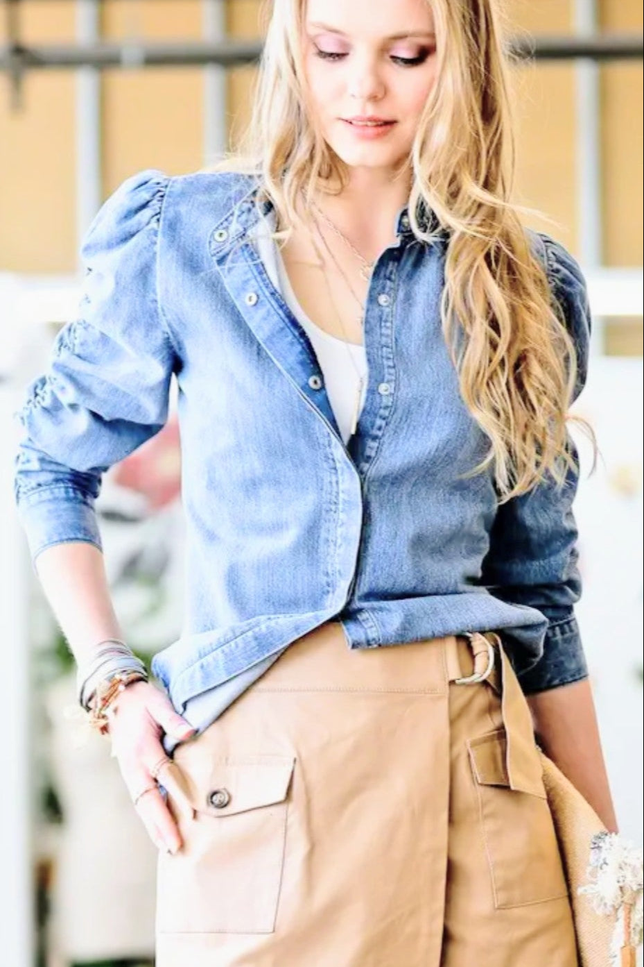 Chic Classic Shirred Sleeve Denim Shirt