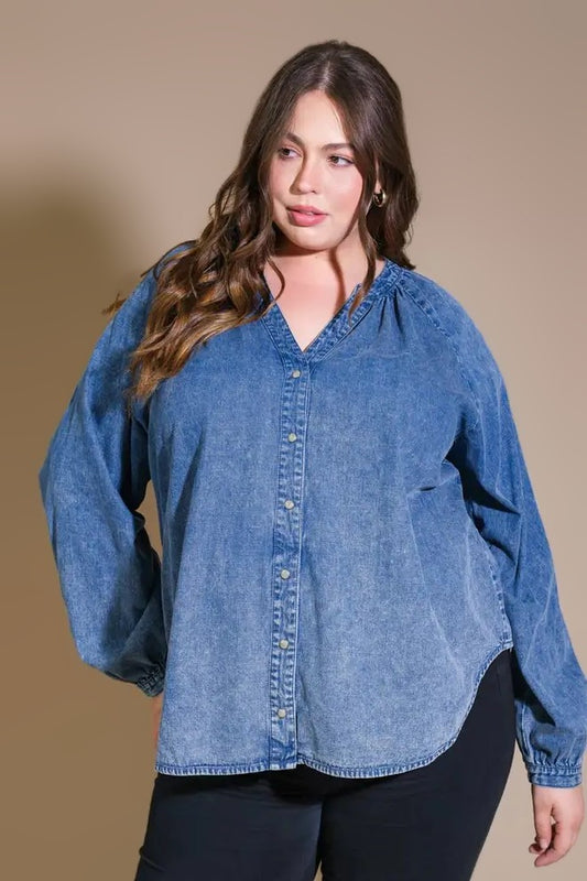 Beautifully Simple Washed Denim Top 1X-3X