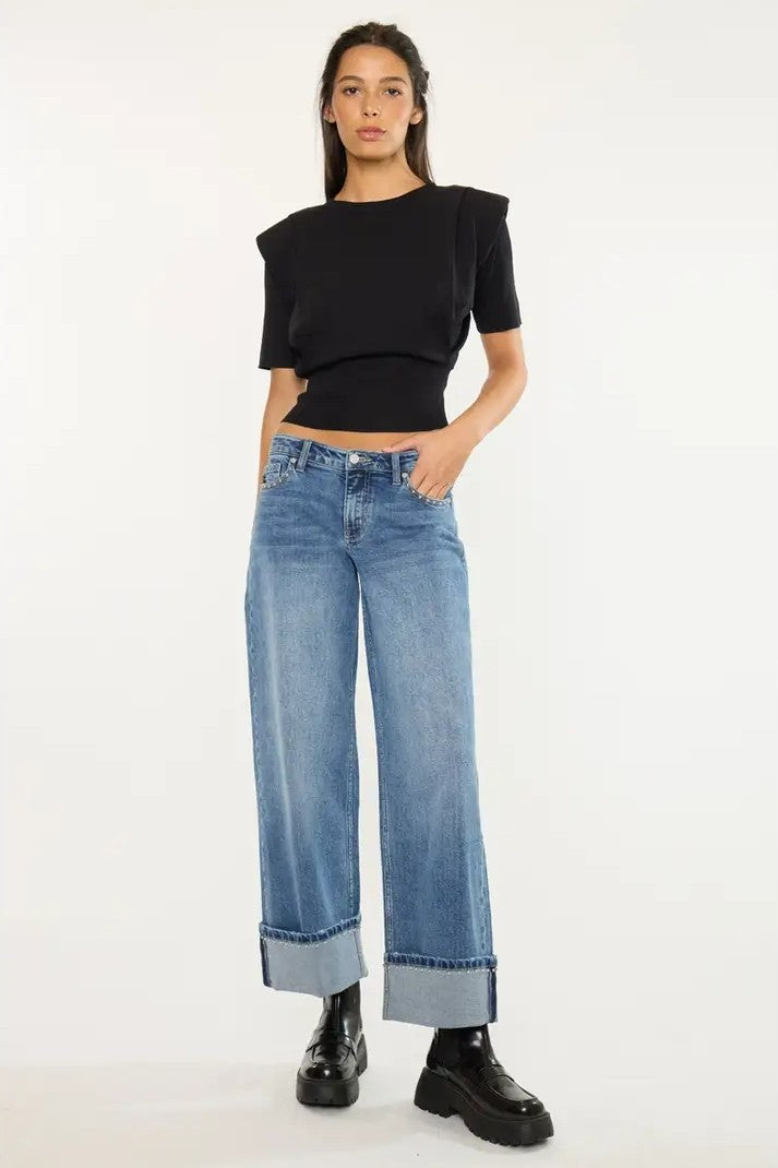 Studded Mid Rise Wide Leg Jeans