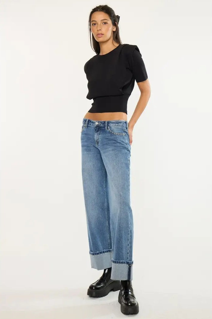Studded Mid Rise Wide Leg Jeans