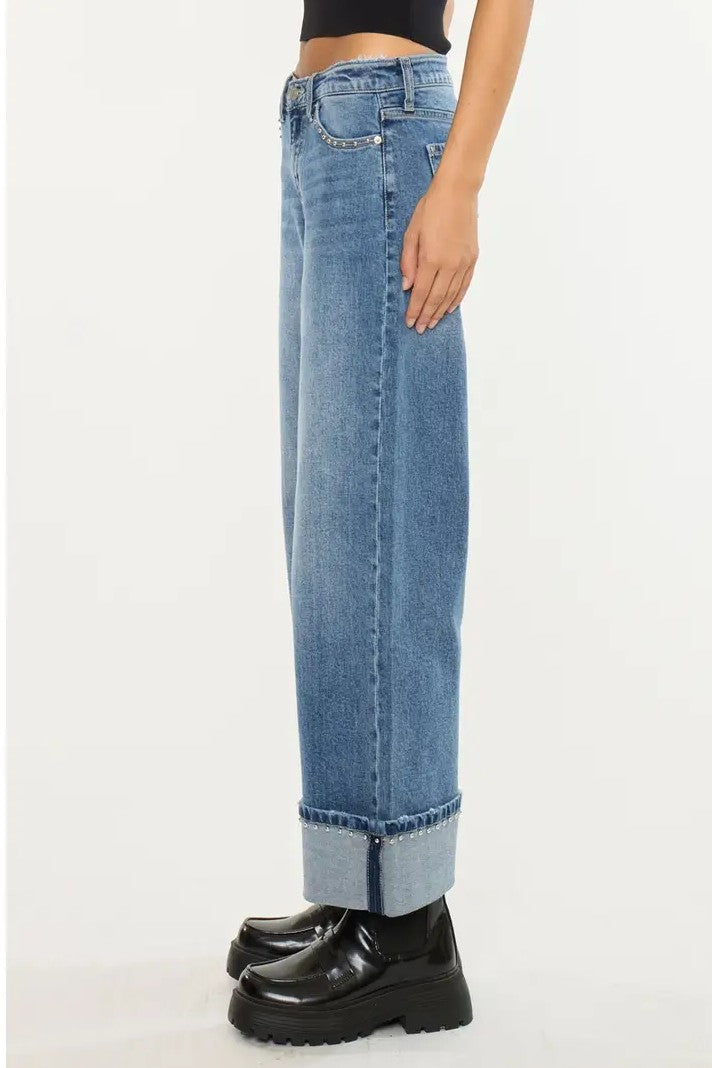 Studded Mid Rise Wide Leg Jeans