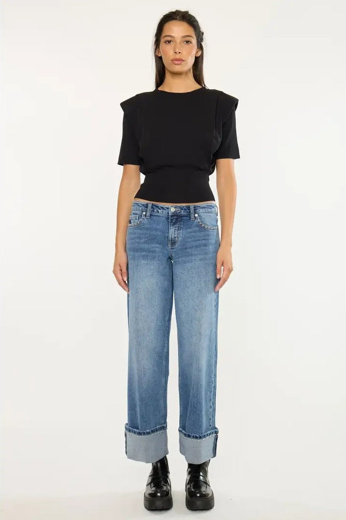 Studded Mid Rise Wide Leg Jeans