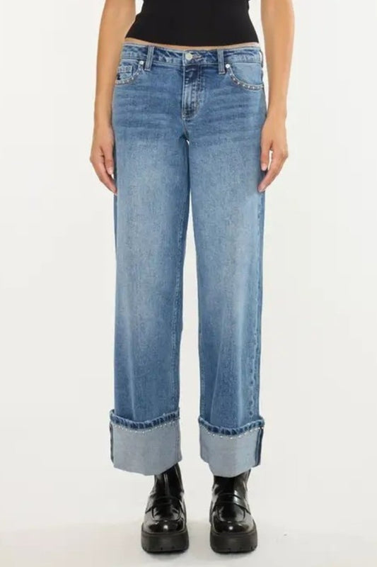 Studded Mid Rise Wide Leg Jeans