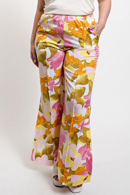 Watercolor Floral Side Slit Palazzo Pants XL-2XL